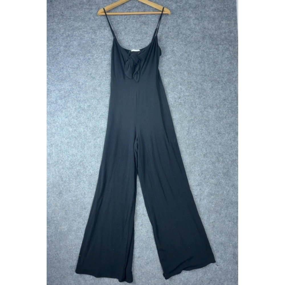 Bear Dance Jumpsuit Womens Large Black Tie Front Wide Leg Spaghetti Strap
